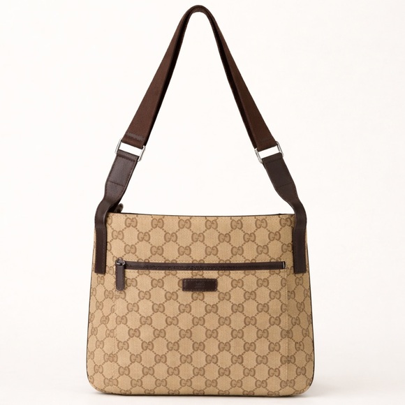 Gucci Handbags - Gucci GG Canvas Messenger Crossbody Bag Beige Brown Flat Zip Leather Trim